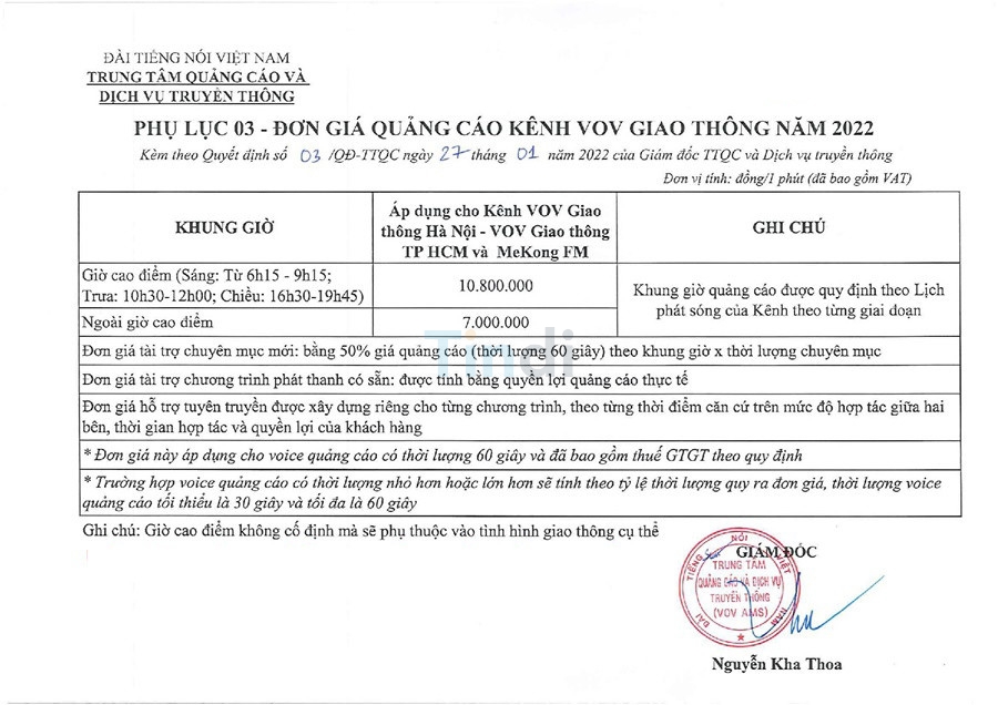 Quảng cáo trên VOV Giao Thông 6 Bảo báo giá quảng cáo trên VOV giao thông