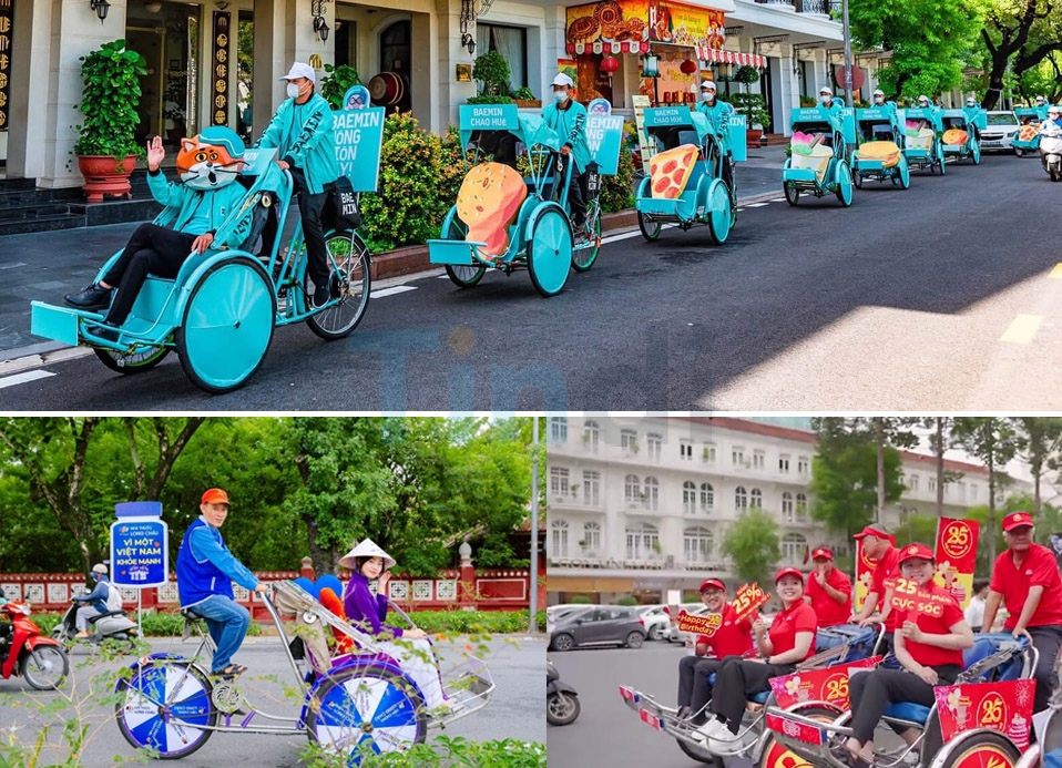 Roadshow xích lô diễu hành trên phố với hình ảnh quảng cáo, thông điệp truyền thông siêu bắt mắt trên thân xe