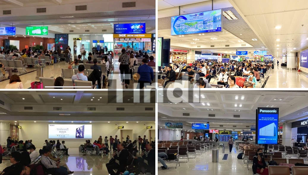 Quy Trình Triển Khai Quảng Cáo Sân Bay Trọn Gói: Từ Xin Phép Đến Thi Công & Báo Cáo 12 Khách ngồi tại phòng chờ thoải mái và tự nhiên nhìn lên màn hình LED trong khu vực để giải trí hoặc tìm kiếm thông tin
